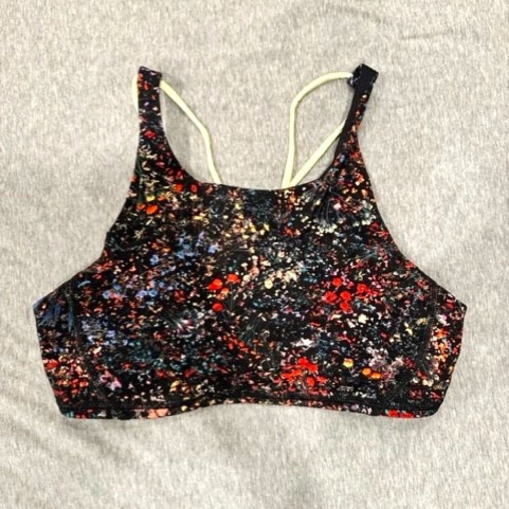 Lululemon Black and Floral Crop top with Yellow Cross Over straps